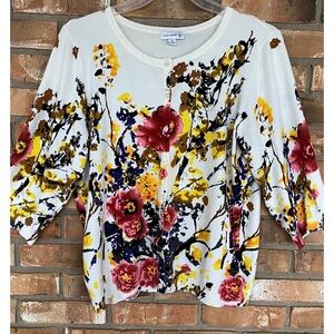 Susan Graver Women’s Floral Print Button-Up Long Sleeve Sweater Cardigan Size 1X